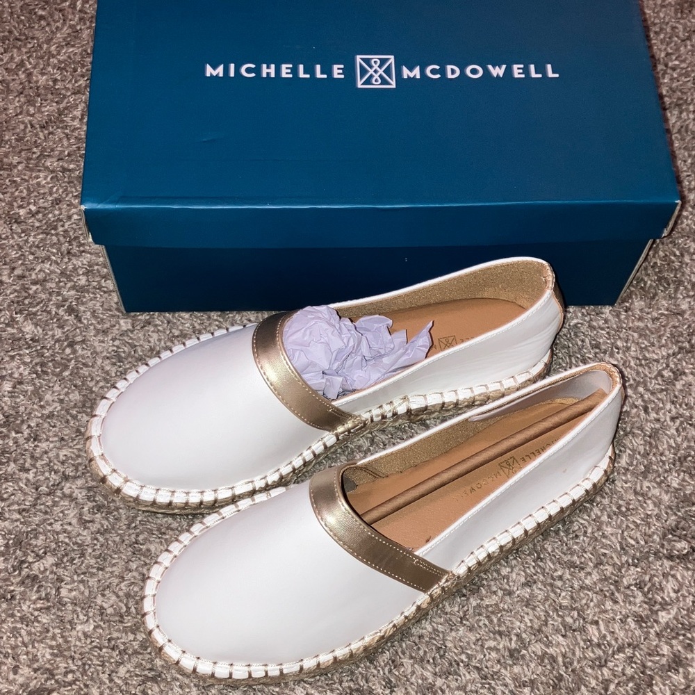 Michelle McDowell White & Gold Espadrille Slip-On Size 8 New